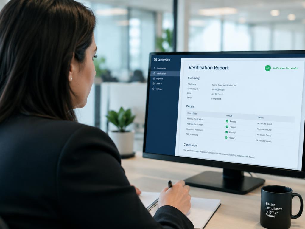 Compliance officer reviewing a verification report