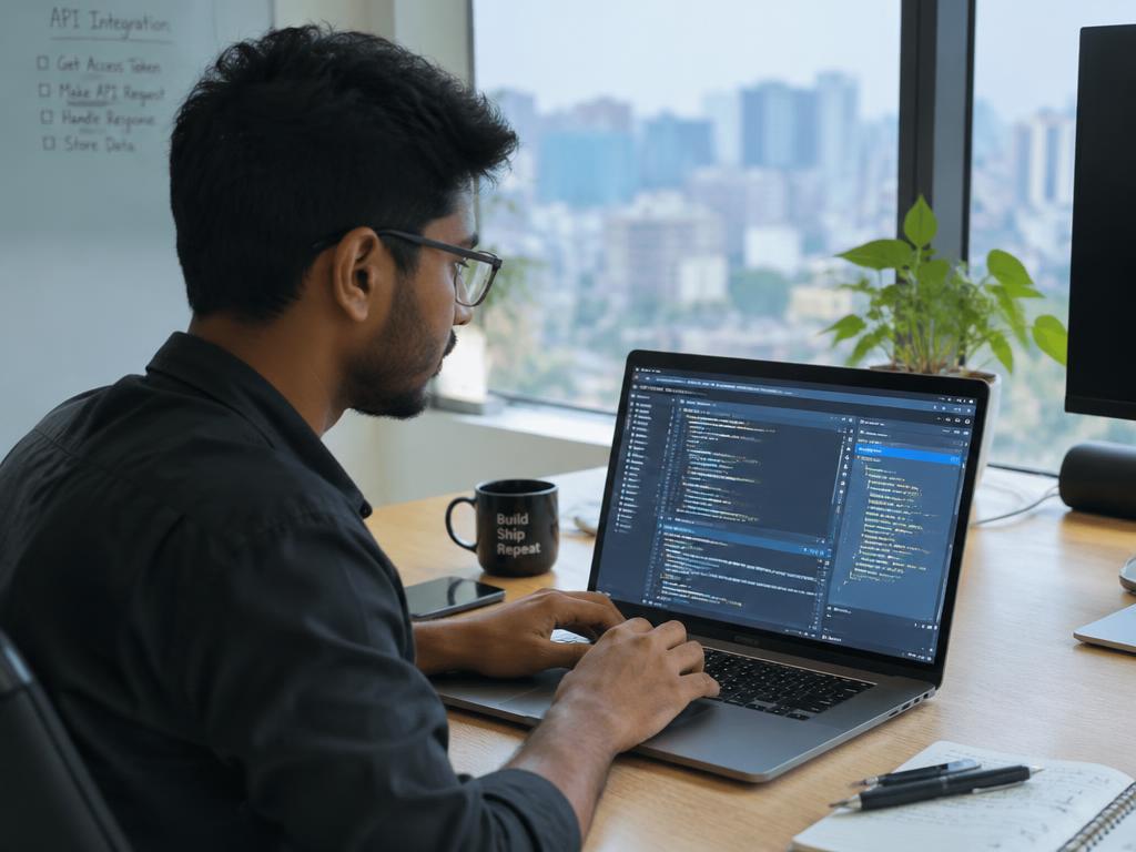 Developer integrating the KYC.bd API on a laptop